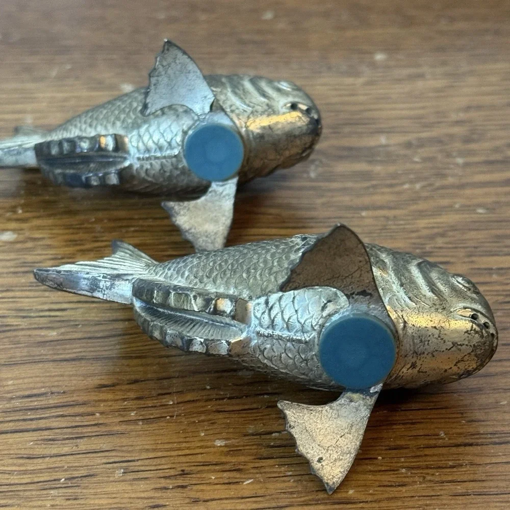 Vintage Brass Fish Salt & Pepper Shakers Set Pair 3